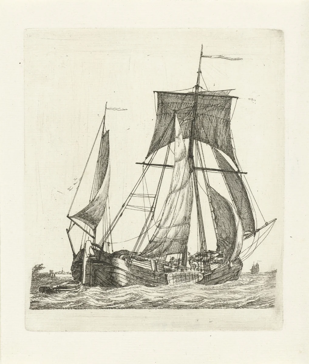 Een zeilschip met sloep op de golven by Gerrit Groenewegen, print, 1790
