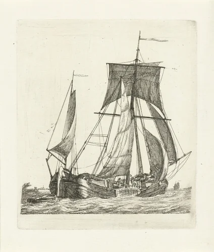 Een zeilschip met sloep op de golven by Gerrit Groenewegen, print, 1790