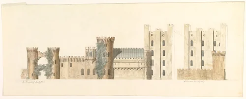 North Aspects of Lea Castle and West Aspect of Wolverly, Cookly, Worcestershire by John Carter, drawing, 1811-1821