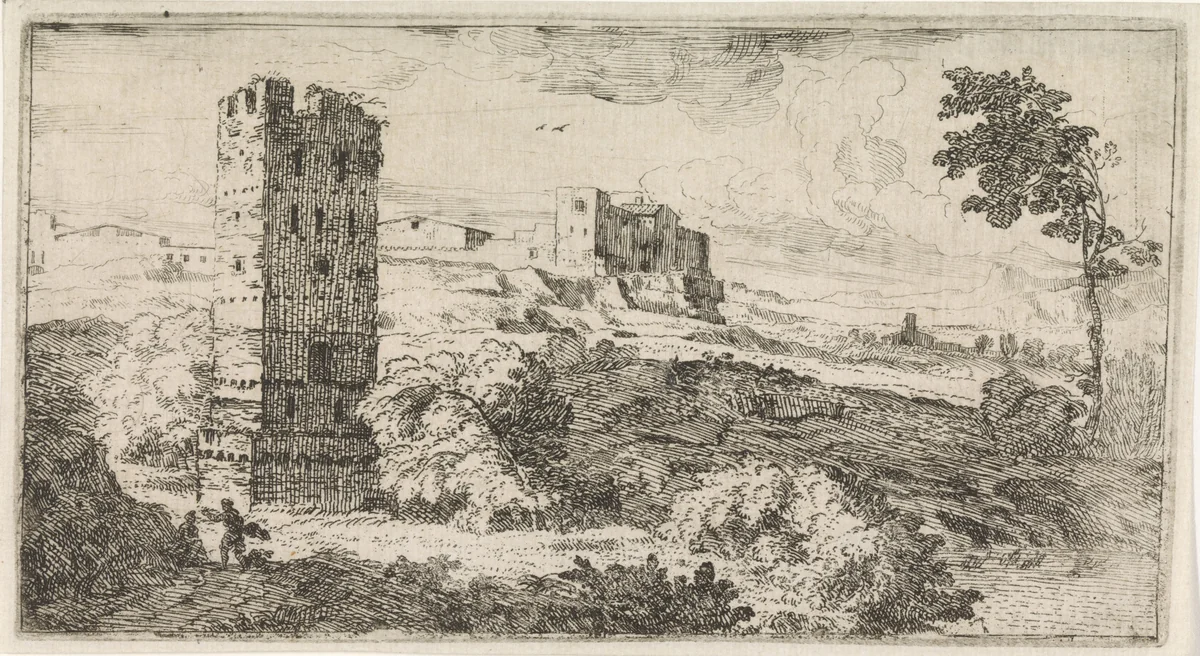 Landschap met vierkante toren by Abraham Genoels, print, 1650-1723