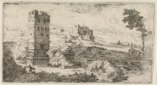 Landschap met vierkante toren by Abraham Genoels, print, 1650-1723