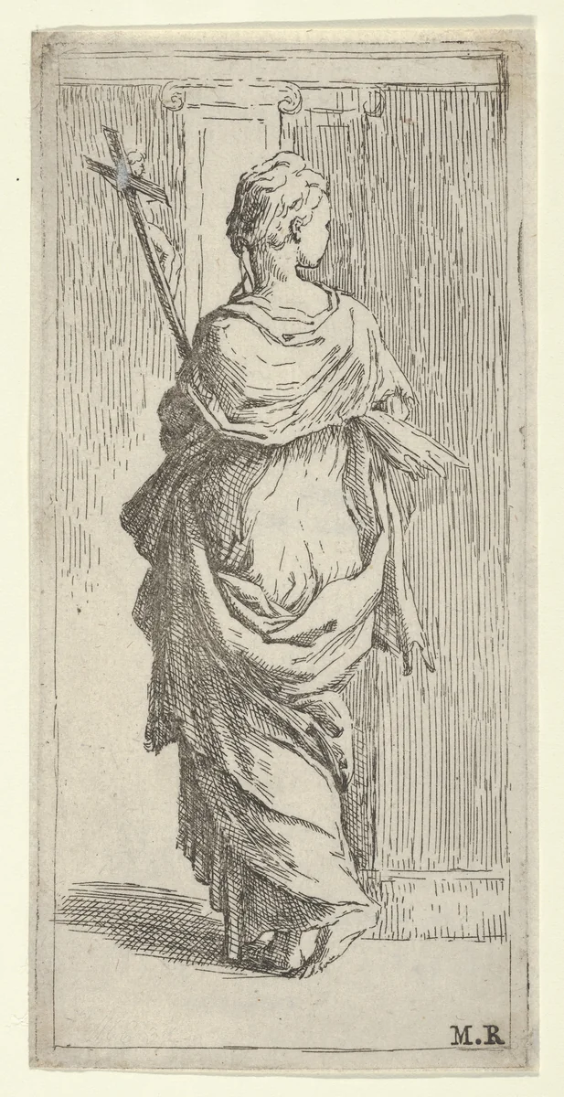 Girl carrying a crucifix and stepping toward a pilaster, seen from behind by Guido Reni, print, 1590-1600