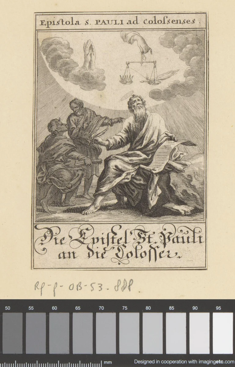 Apostel Paulus schrijft zijn brief aan de Kolossenzen by anonymous, print, 1697