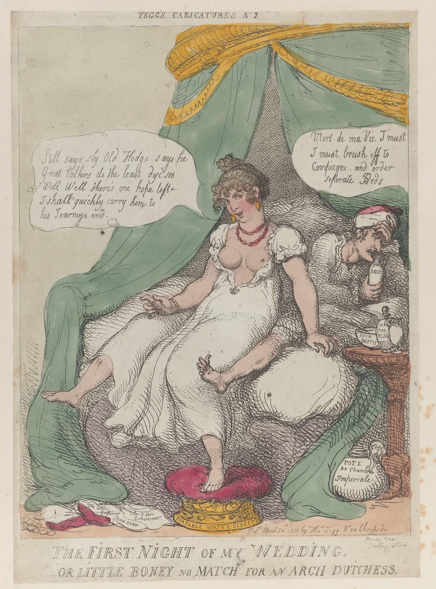 The First Night of My Wedding, or Little Boney No Match For an Arch Dutchess by Thomas Rowlandson, print, 1810