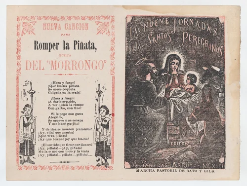 Cover for 'Las Nueve Jornadas de los Santos Peregrinos', Holy Family in the manger by José Guadalupe Posada, print, 1885-1915