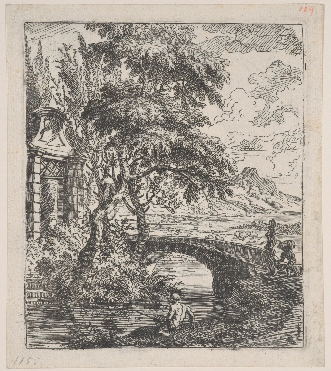 Plate 7: two figures at right about to cross a stone bridge, a fisherman in the foreground, from 'Landscapes in the manner of Gaspar Dughet' by Franz Joachim Beich, print, 1695-1730