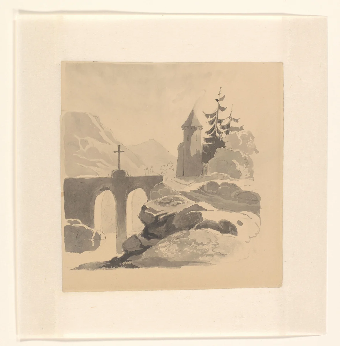 Berglandschap met een brug en toren by Johannes van Reijn, drawing, 1800-1900