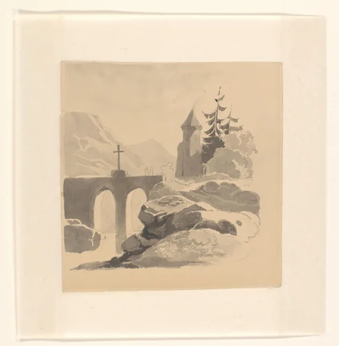 Berglandschap met een brug en toren by Johannes van Reijn, drawing, 1800-1900