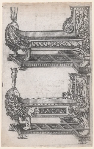 Designs for Two Beds by Jacques Androuet du Cerceau, print, 1565-1570