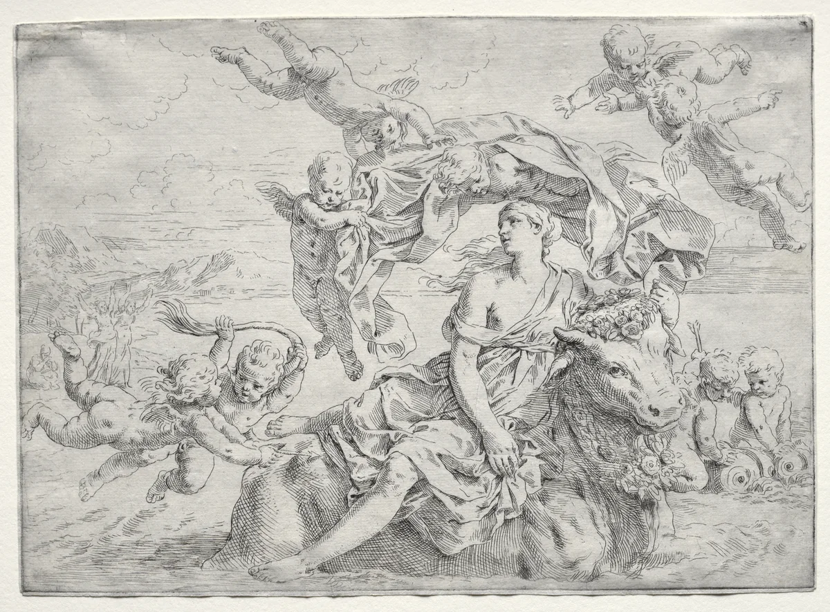 Rape of Europa by Simone Cantarini, print, 1632-1648