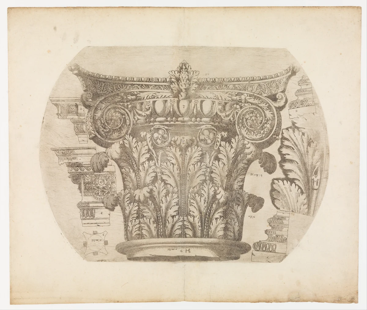 Capital in the Composite Order and Various Architectural Details by Hugues Sambin, print, 1554-1560