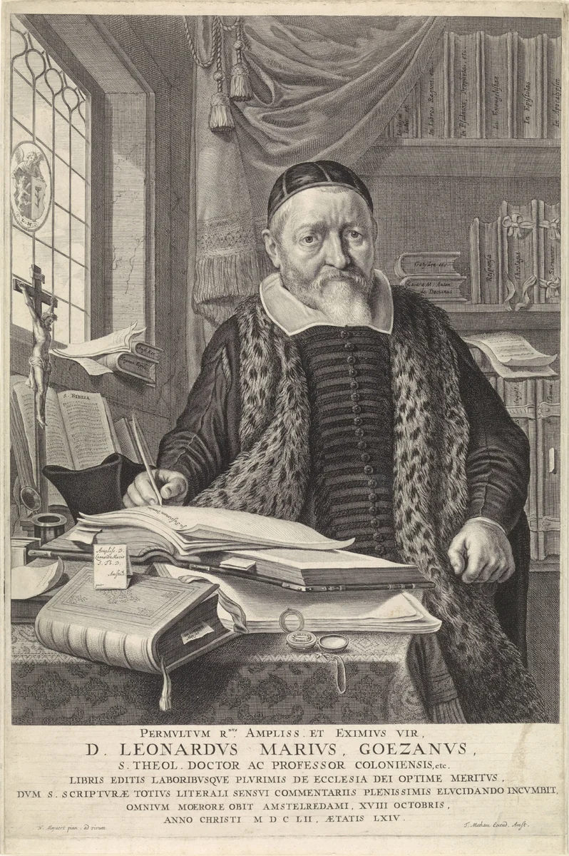 Portret van Leonard Marius van der Goes in een studeervertrek by Theodor Matham, print, 1652-1676