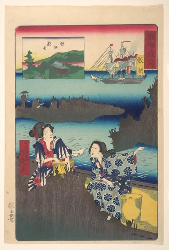 Gathering Seaweed by Utagawa Yoshiiku, print, 1863