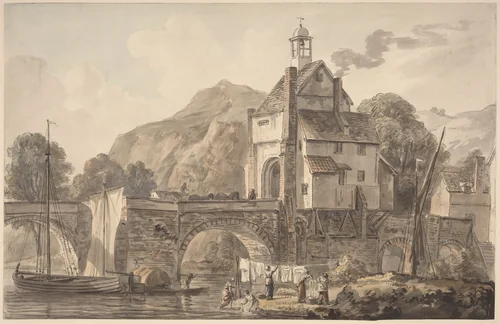The Bridge at Bridgnorth in Shropshire by Paul Sandby, drawing, 1731-1809