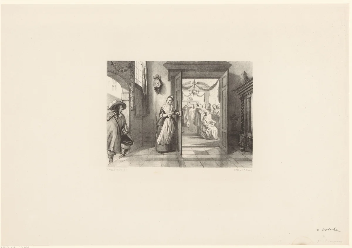 Vrouw opent deur voor man by Anthonie van Volkom, print, 1847-1865