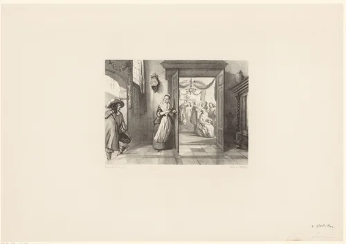 Vrouw opent deur voor man by Anthonie van Volkom, print, 1847-1865