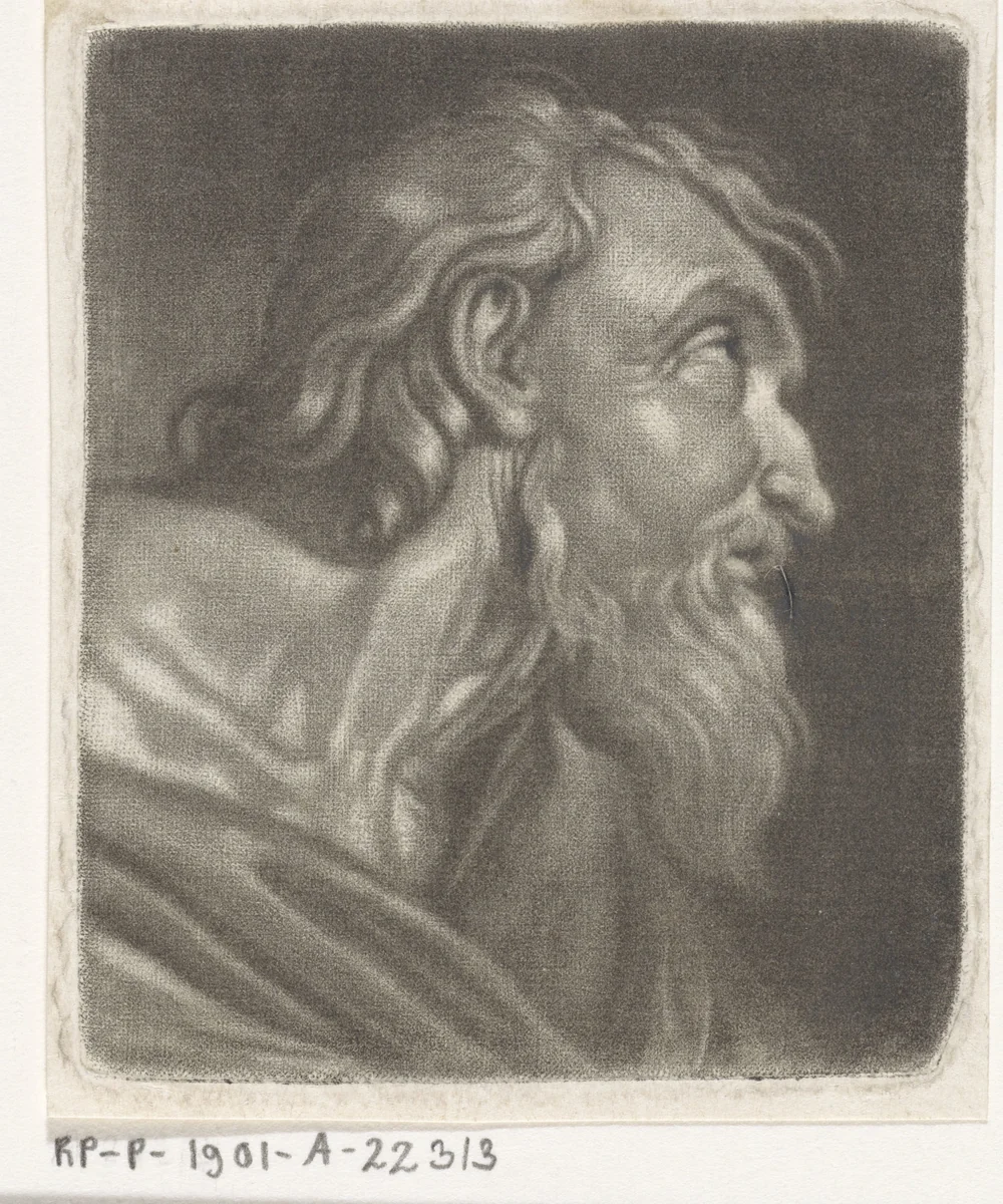 Kop van een oude man, opkijkend naar rechts by anonymous, print, 1650-1800