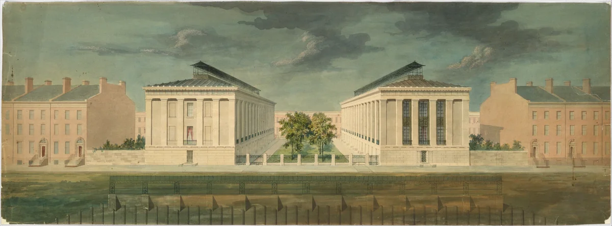 Unexecuted Design for Cross-Block Terrace Development (perspective) by Alexander Jackson Davis, drawing, 1826-1836