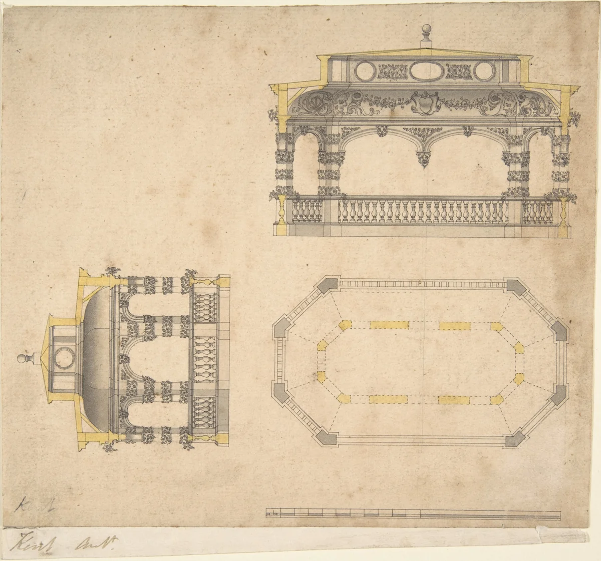 Design for a Bath in the Form of an Elongated Polygonal Temple, Plan and Two Elevations by John Vardy, drawing, 1735-1765
