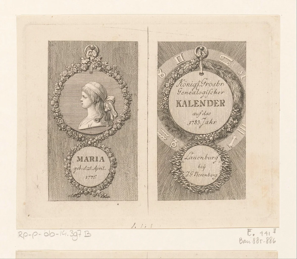 Portret en titelpagina voor de Lauenburg kalender 1783 by Daniel Nikolaus Chodowiecki, print, 1782