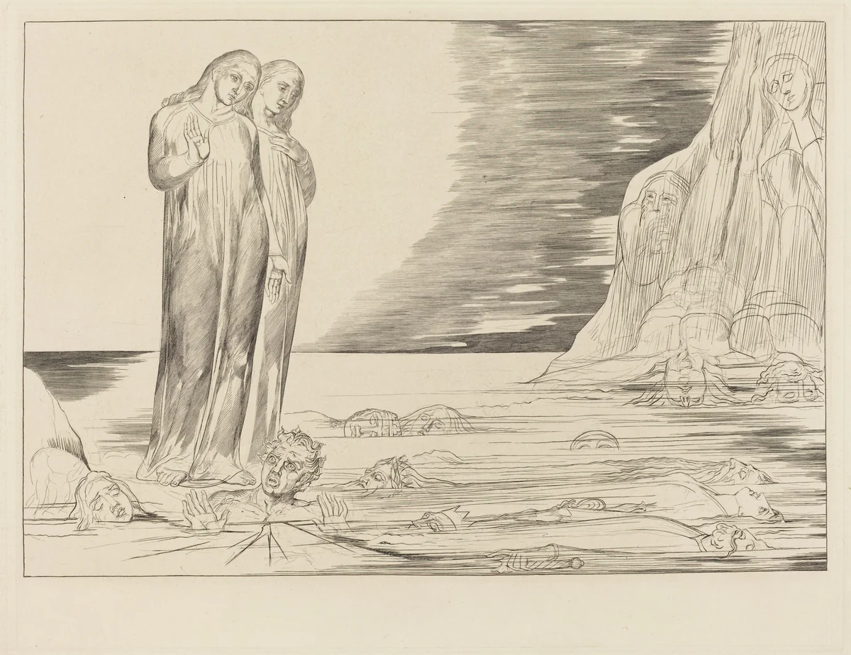 The Circle of the Traitors; Dante's Foot Striking Bocca degli Abbate by William Blake, print, 1827