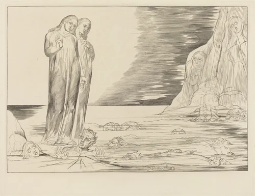 The Circle of the Traitors; Dante's Foot Striking Bocca degli Abbate by William Blake, print, 1827