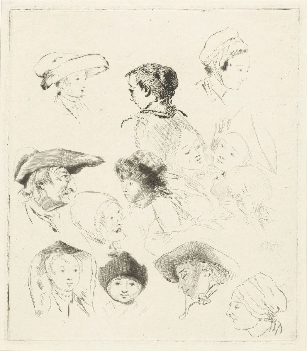 Studieblad met dertien hoofden by Louis Bernard Coclers, print, 1756-1817