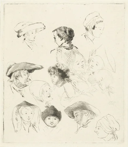 Studieblad met dertien hoofden by Louis Bernard Coclers, print, 1756-1817