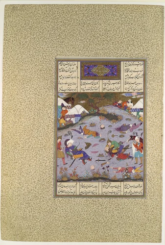 "Giv Avenges Bahram by Slaying Tazhav", Folio 248r from the Shahnama (Book of Kings) of Shah Tahmasp by Abu'l Qasim Firdausi, manuscript, 1500-1555