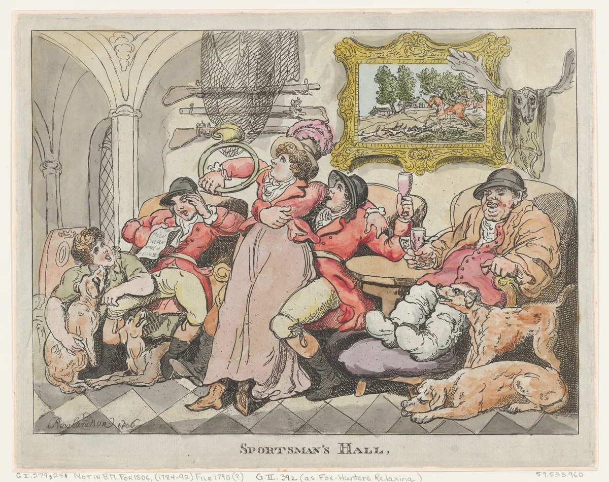 Sportsman's Hall, or Fox-Hunters Relaxing by Thomas Rowlandson, print, 1806
