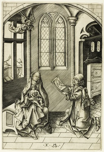 St. Luke Portraying the Madonna by Israhel van Meckenem, print, 1490-1500