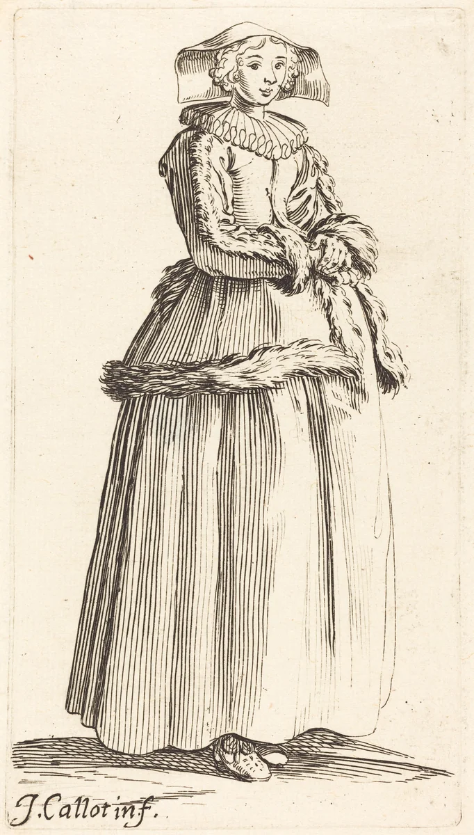 Young Woman with Hands Folded, Facing Right by Israel Henriet; Jacques Callot, print, 1590-1661