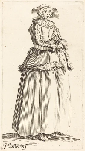 Young Woman with Hands Folded, Facing Right by Israel Henriet; Jacques Callot, print, 1590-1661