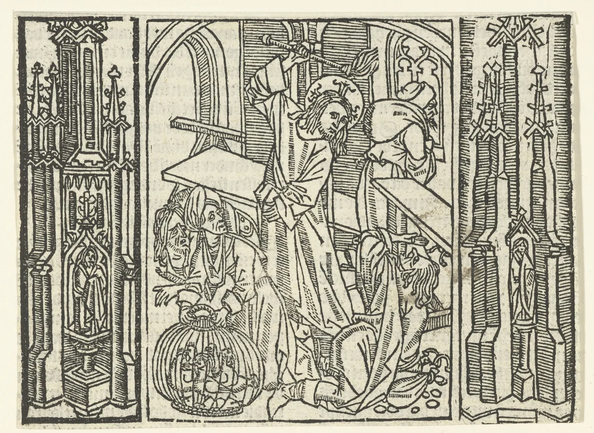 Christus verdrijft de geldwisselaars uit de tempel by Unknown, print, 1480-1500