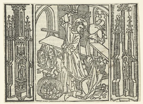 Christus verdrijft de geldwisselaars uit de tempel by Unknown, print, 1480-1500