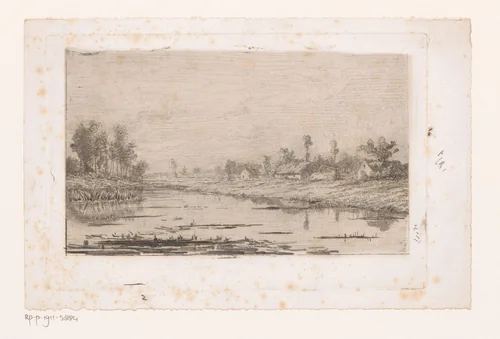 Rivierlandschap met enkelen gebouwen by Adrien Le Mayeur, print, 1854-1911