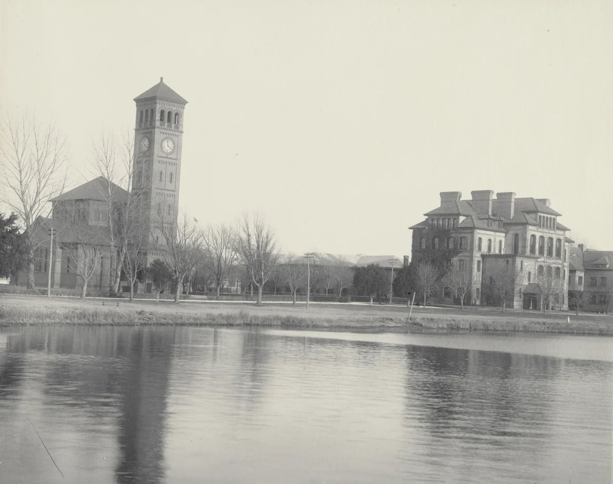 Memorial Church and Academic Hall. The Domestic Science Building between them by Frances Benjamin Johnston, photograph, 1899