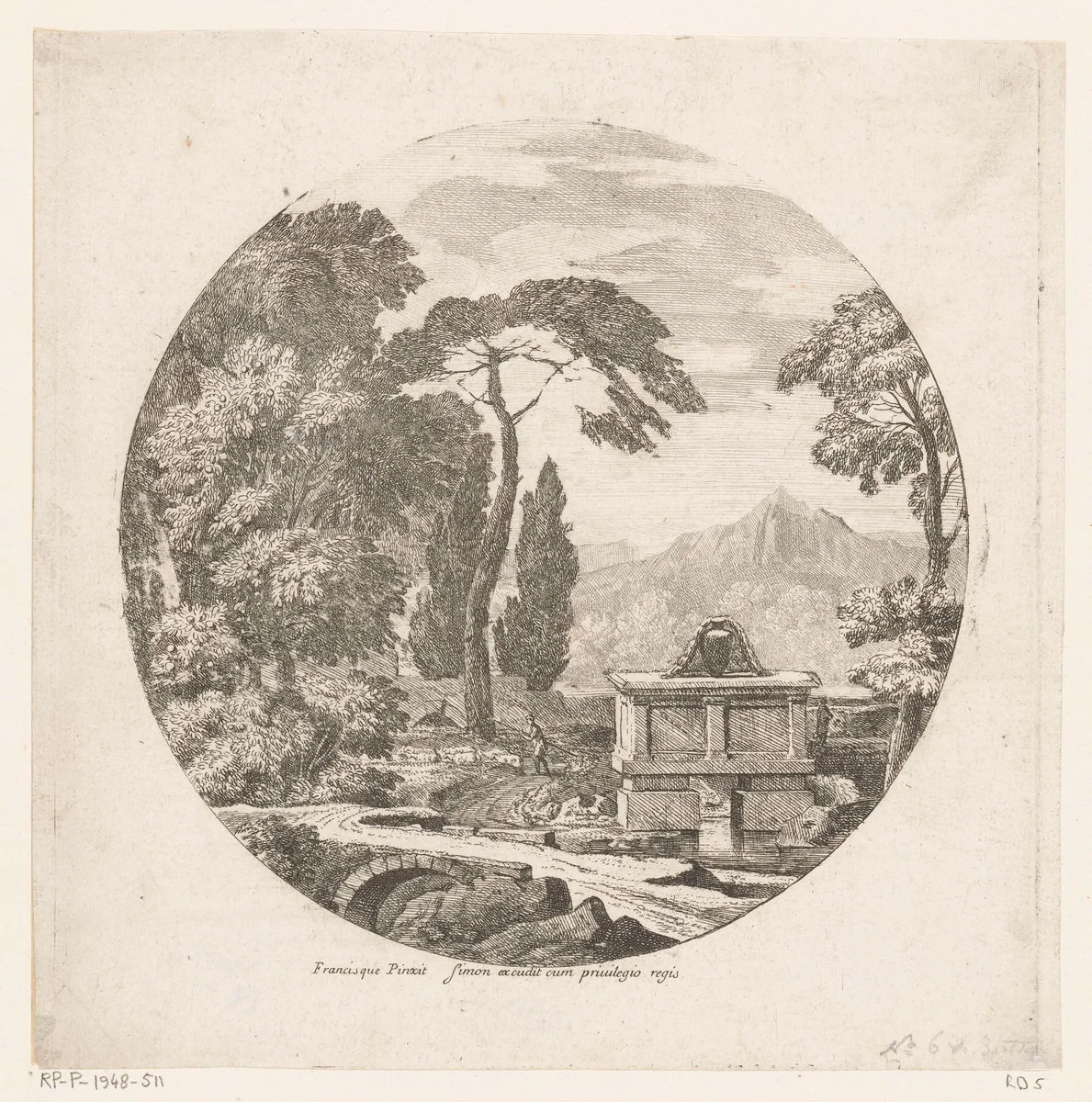 Arcadisch landschap met een sarcofaag langs een bospad by Théodore, print, 1690-1730