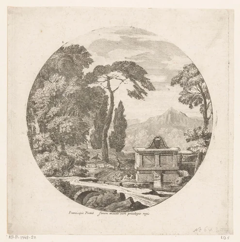 Arcadisch landschap met een sarcofaag langs een bospad by Théodore, print, 1690-1730