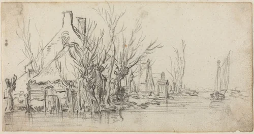 Cottages by a River by Jan van Goyen, drawing, 1627-1629