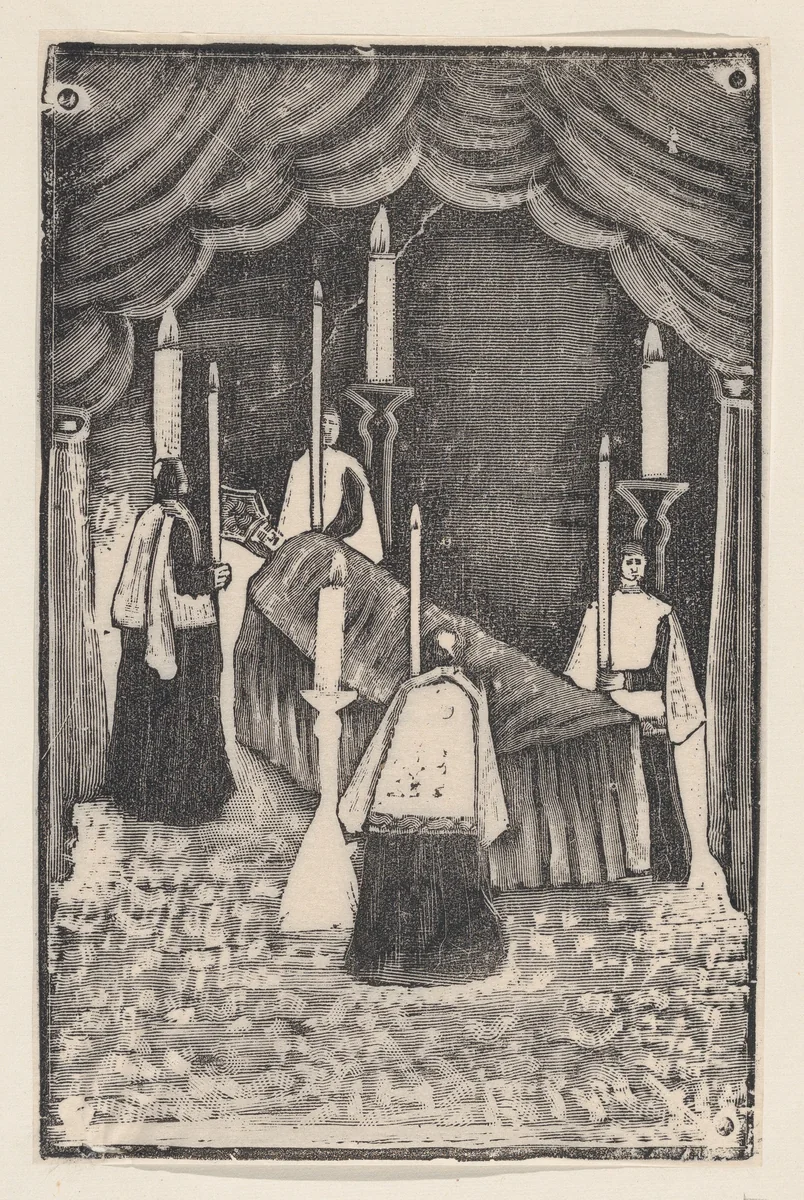 A group of holy men holding candles around a bier with a prelate by José Guadalupe Posada, print, 1875-1885