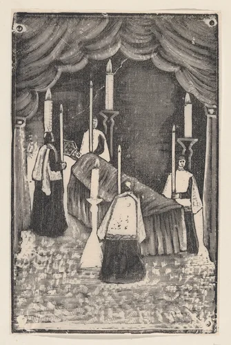 A group of holy men holding candles around a bier with a prelate by José Guadalupe Posada, print, 1875-1885