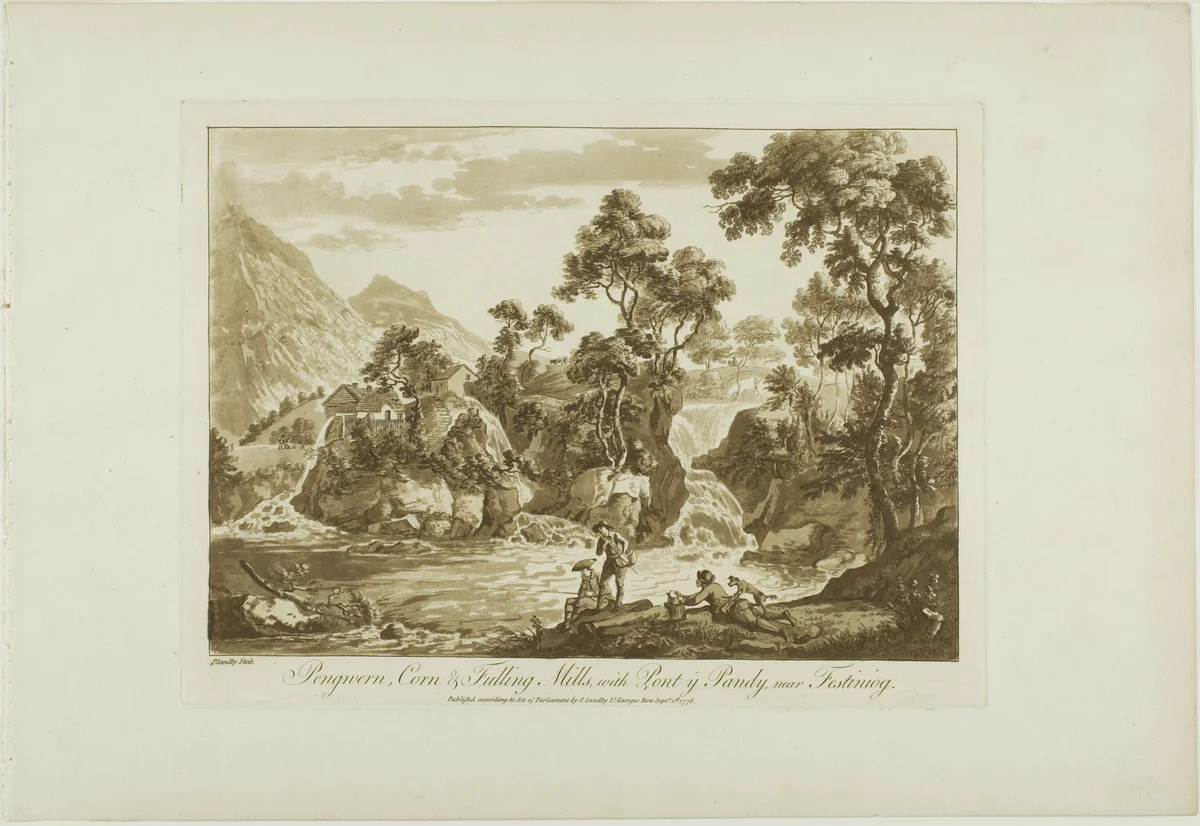 Pengnern Corn and Fulling Mills, with Pont y Pandy, Near Festiniog, from Twelve Views in North Wales by Paul Sandby, print, 1776