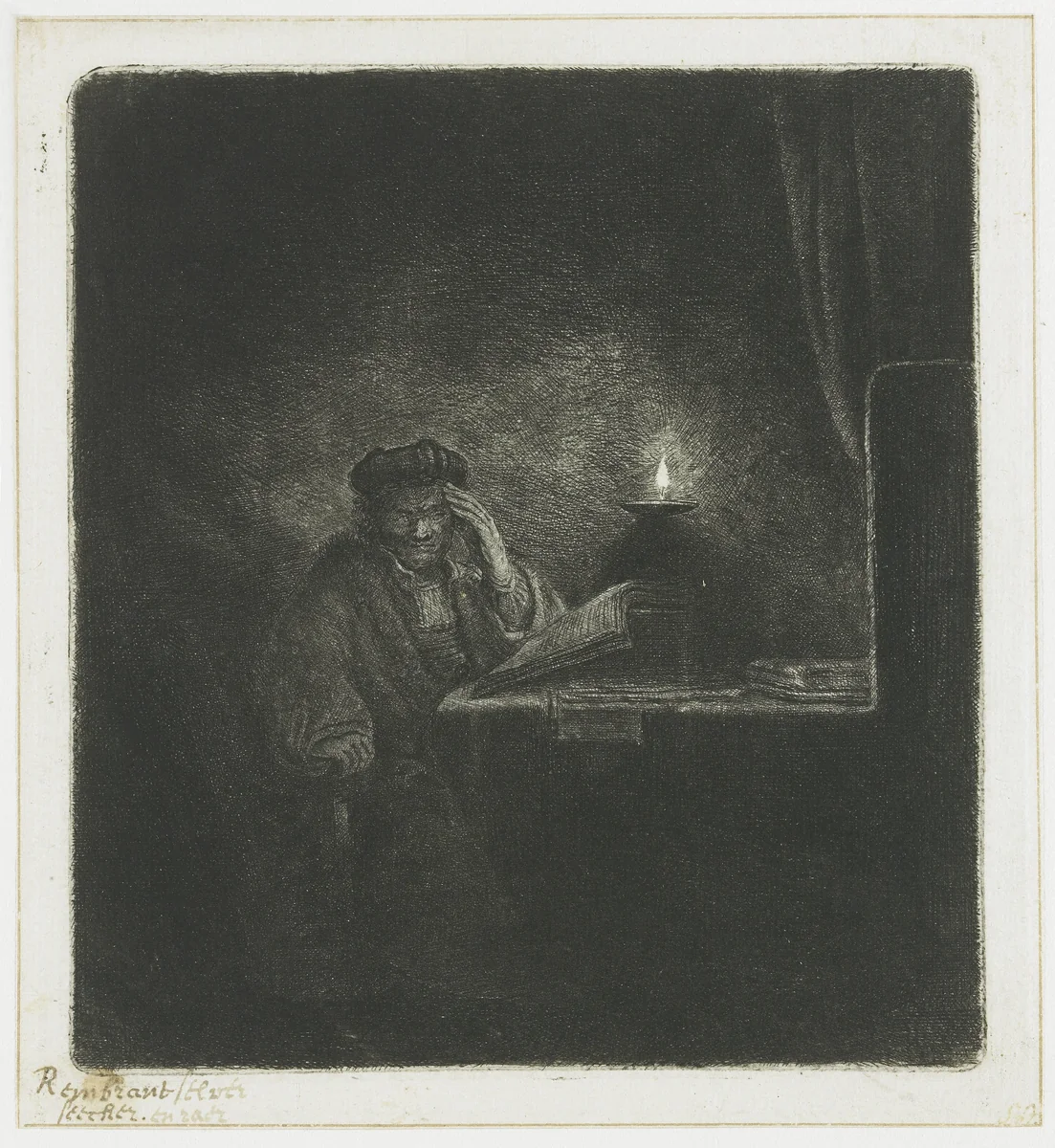 Student at a table by candlelight by anonymous, print, 1640-1645