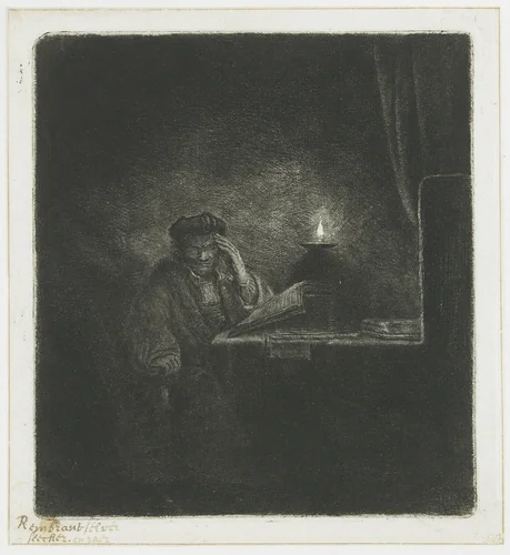 Student at a table by candlelight by anonymous, print, 1640-1645