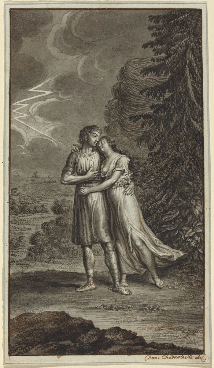 Lovers in a Thunderstorm by Daniel Nikolaus Chodowiecki, drawing, 1726-1801