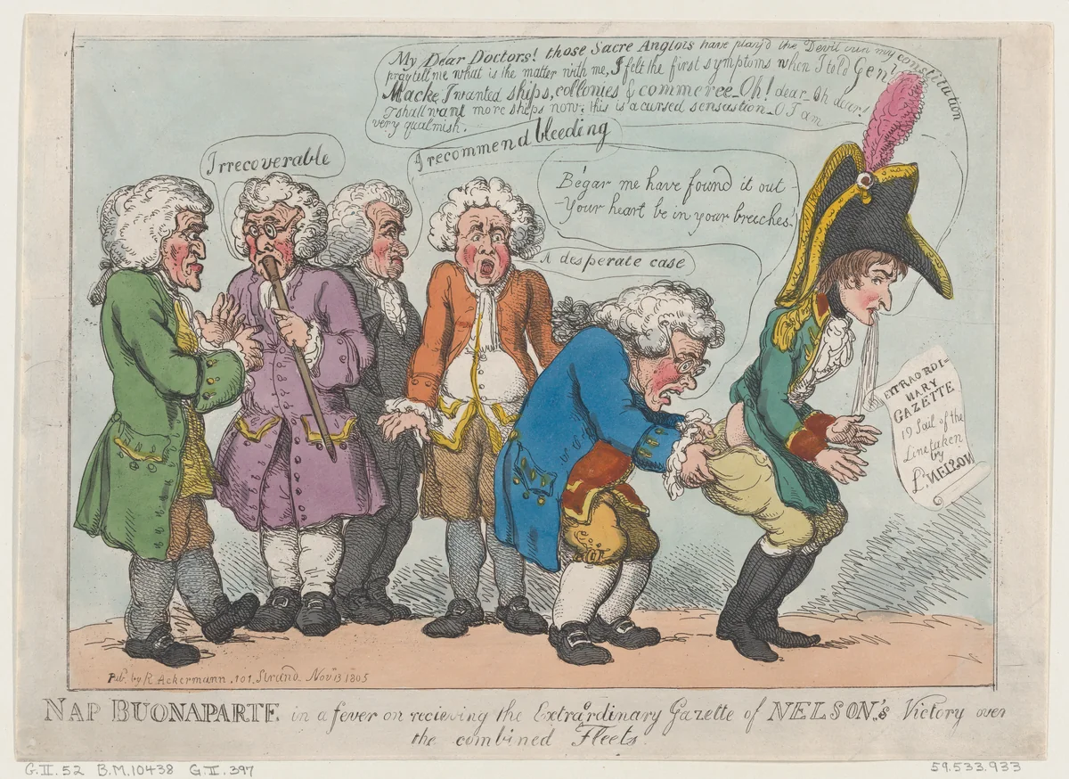 Nap Buonaparte in a Fever on Receiving the Extraordinary Gazette of Nelson's Victory Over the Combined Fleets by Thomas Rowlandson, print, 1805