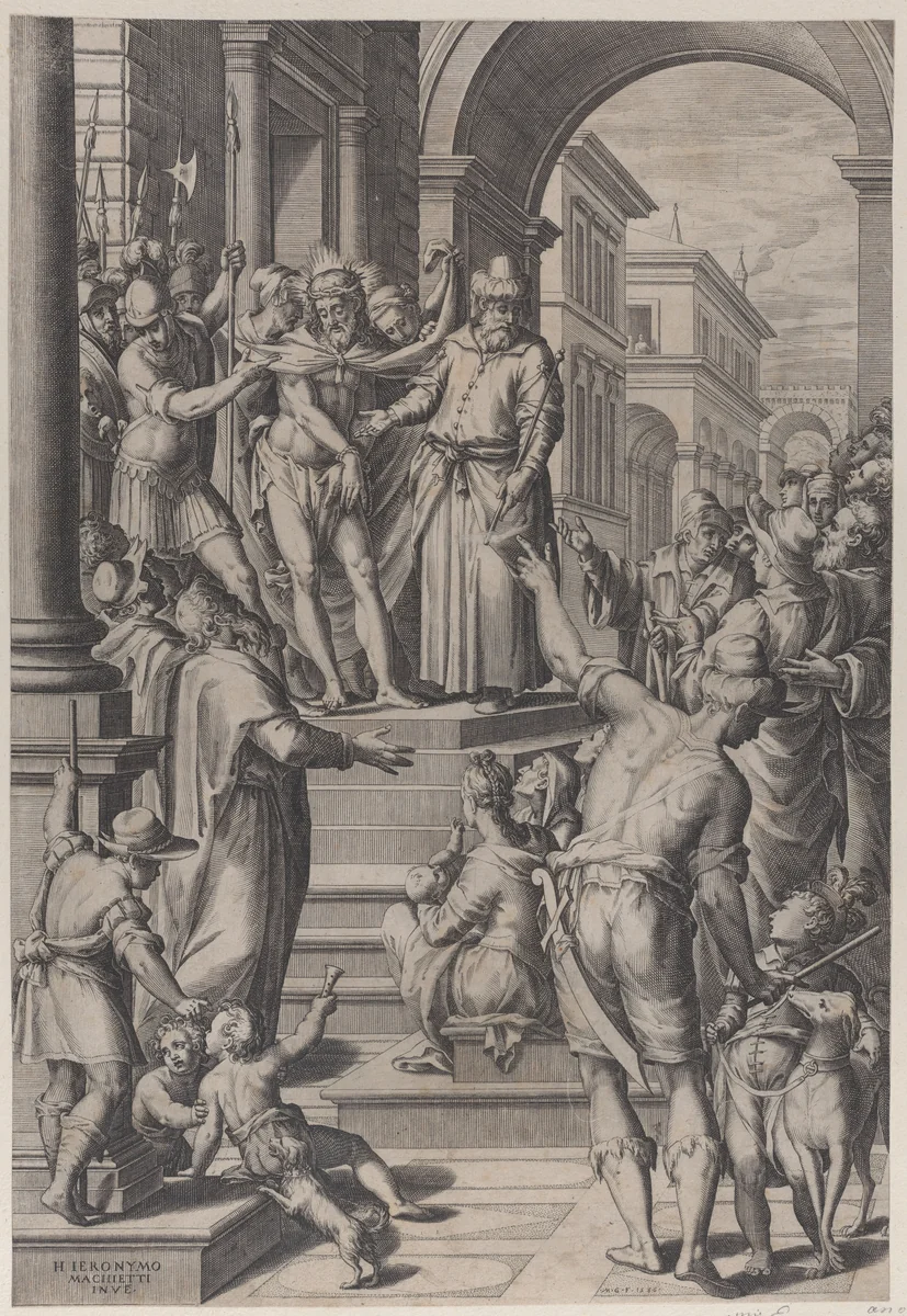 Christ presented to the people by Pilate, standing atop stairs at left with a crowd at right by Matthaeus Greuter, print, 1586