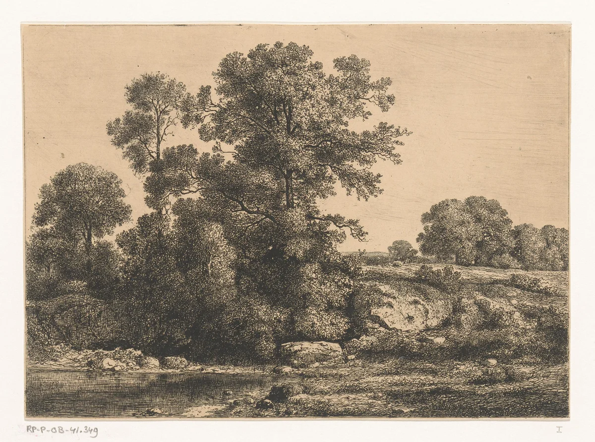 Bomen aan de oever van een poel by Jean Alexis Achard, print, 1817-1884