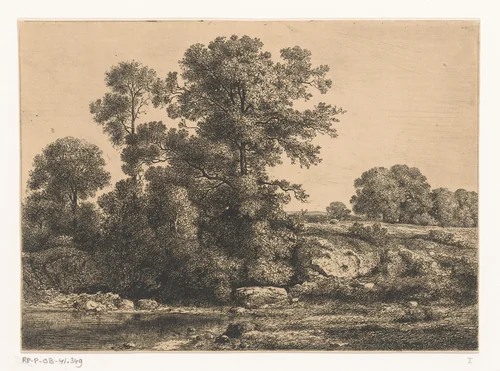 Bomen aan de oever van een poel by Jean Alexis Achard, print, 1817-1884